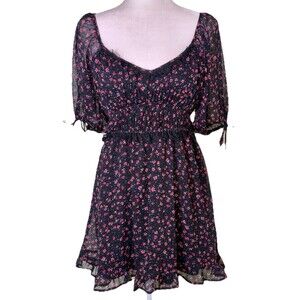 TRIXXI Y2K Goth Mini Dress Puff Sleeve Smocked Waist Sheer Chiffon Ruffle Hem Sm